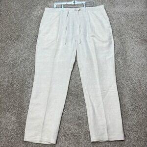 Cubavera Linen Pants Mens XL Beige Drawstring Straight Leg Elastic Waist Flat